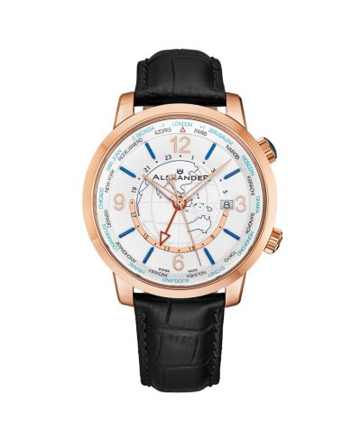 Мужские наручные часы Alexander Journeyman, черная кожа, серебристый циферблат, 40mm