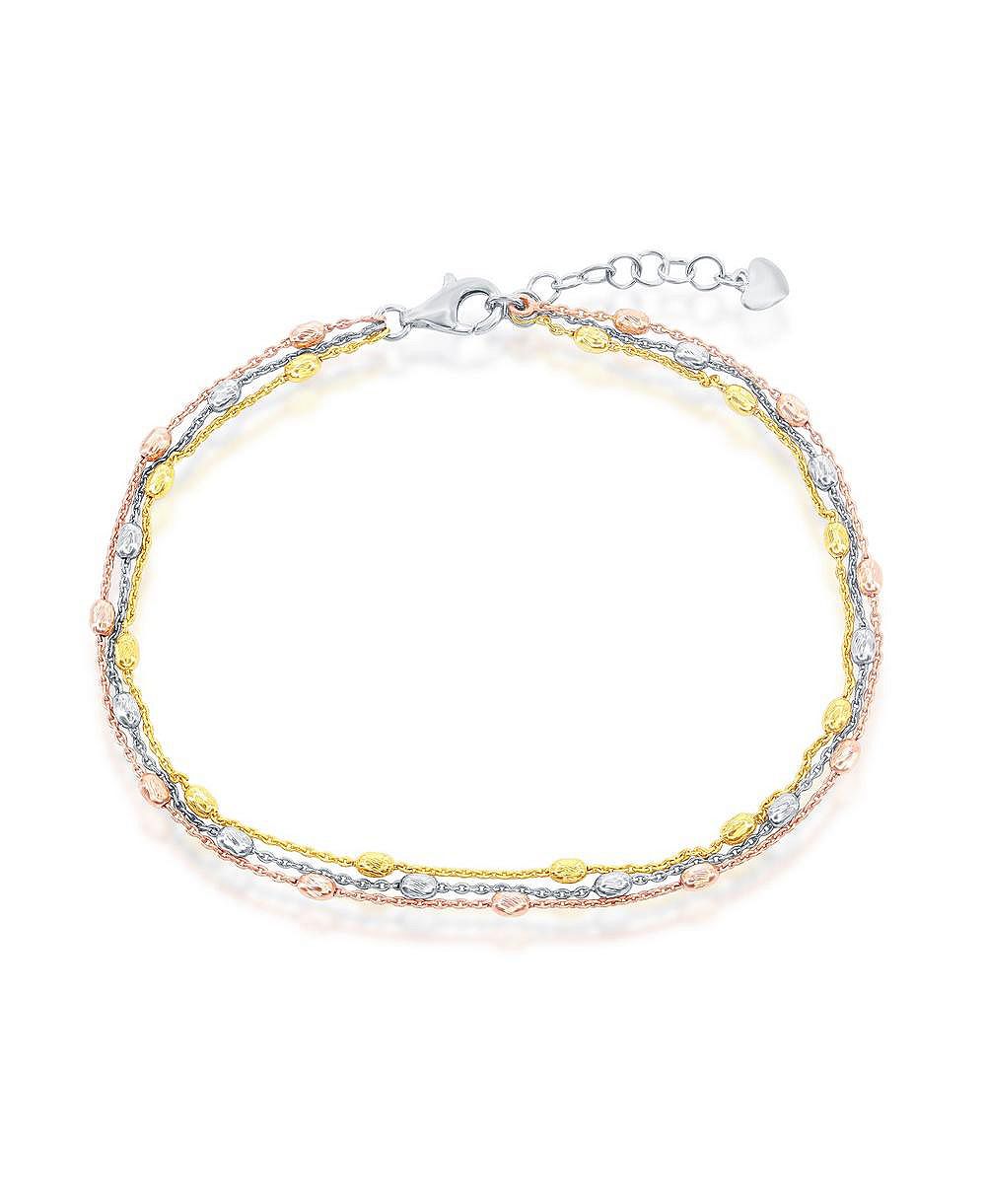 Simona Sterling Silver Triple Strand Oval Diamond-Cut Beaded Anklet - Tri Color