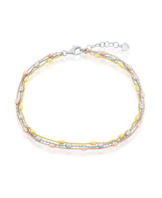 Simona Sterling Silver Triple Strand Oval Diamond-Cut Beaded Anklet - Tri Color