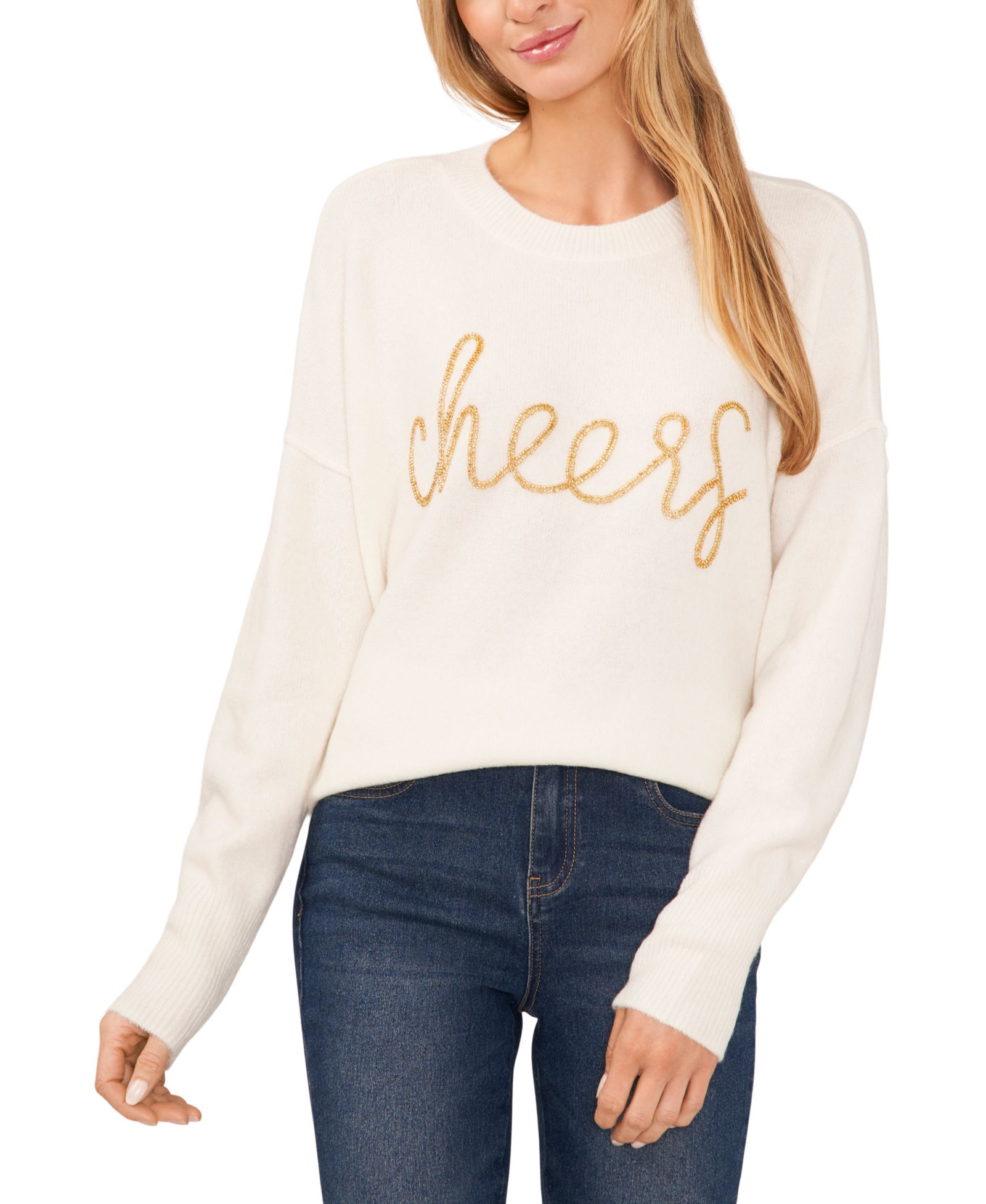 CeCe Women's "Cheers" Script Crewneck Long-Sleeve Sweater