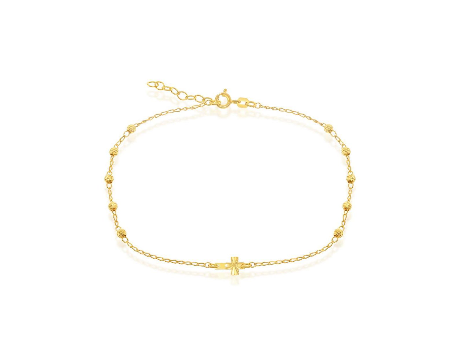 Simona Sterling Silver Diamond Cut Beads & Small Center Cross Anklet