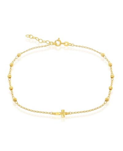 Simona Sterling Silver Diamond Cut Beads & Small Center Cross Anklet