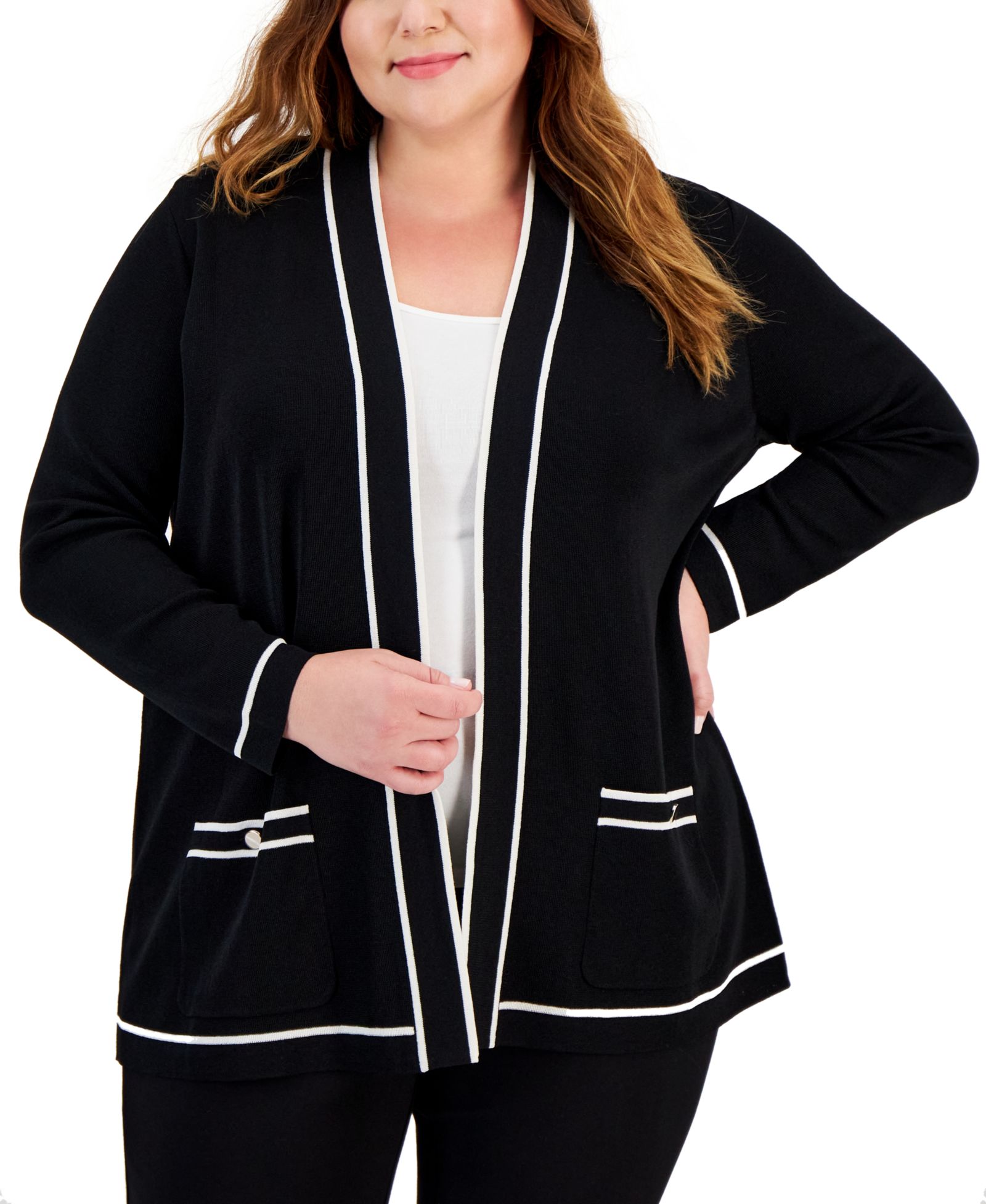 Женский кардиган Anne Klein Plus Size Malibu Contrast-Trim Open-Front