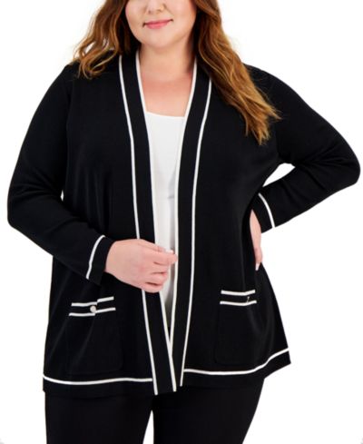 Anne Klein Plus Size Malibu Contrast-Trim Open-Front Cardigan