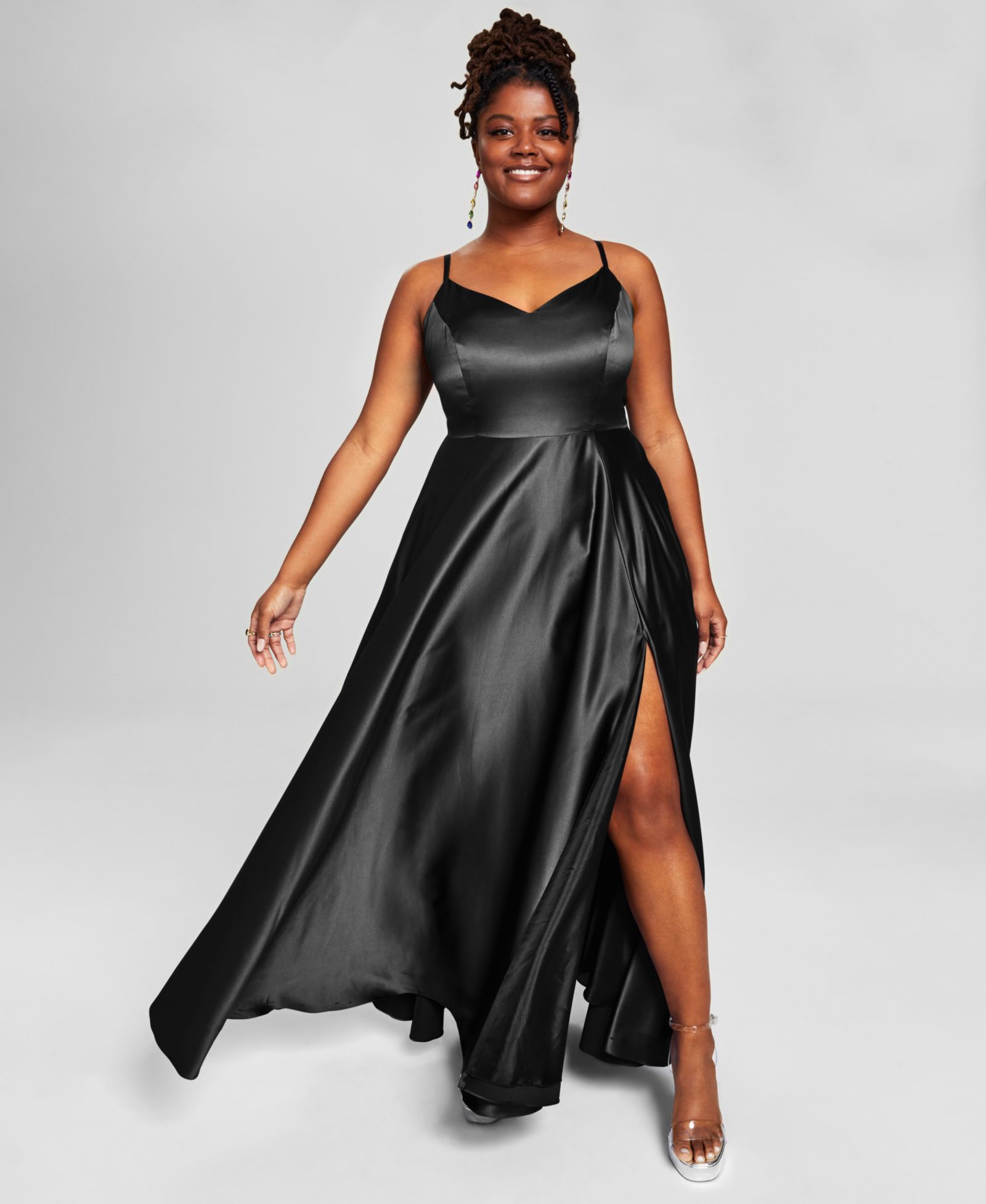 B Darlin Trendy Plus Size Satin Sleeveless Front-Slit Gown