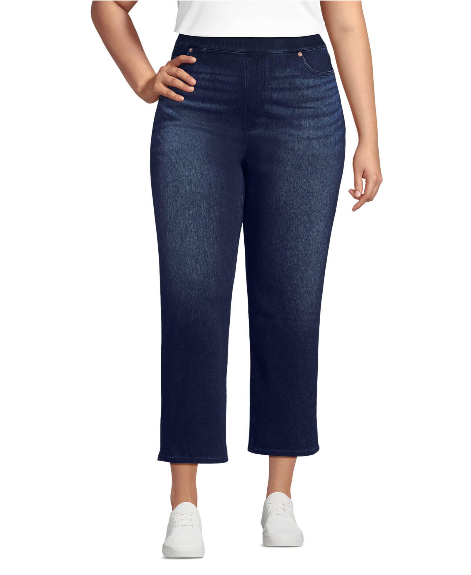 Lands' End Plus Size Starfish High Rise Knit Denim Straight Crop Jeans