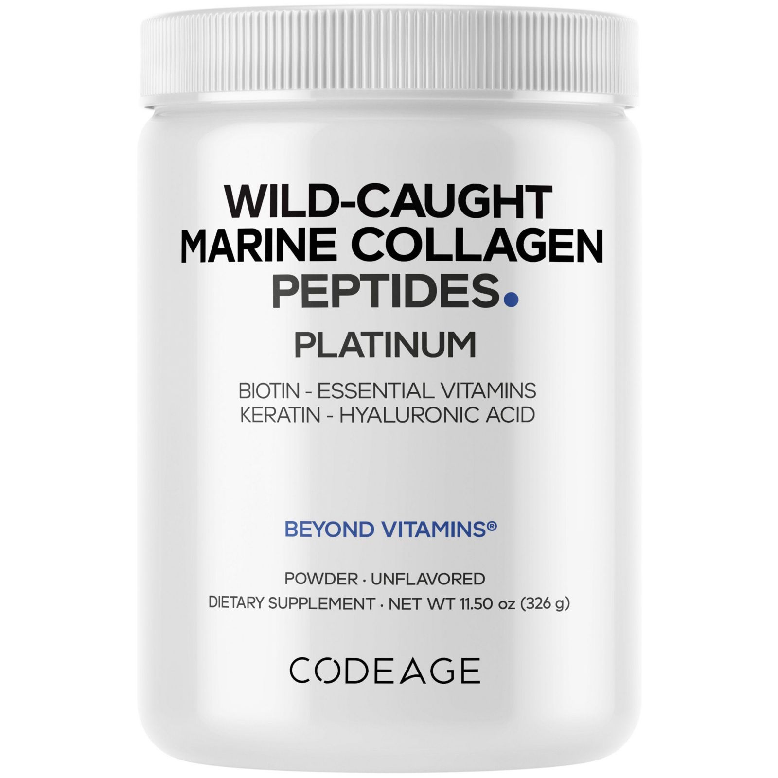 Codeage Marine Collagen Protein Powder Supplement Platinum - Biotin 10,000 mcg, Vitamin C, D3 and B6, Keratin, Hyaluronic Acid, Niacin, 11.50 oz