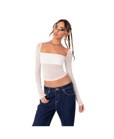 Women's Long Sleeve Square Neck Mesh Top
