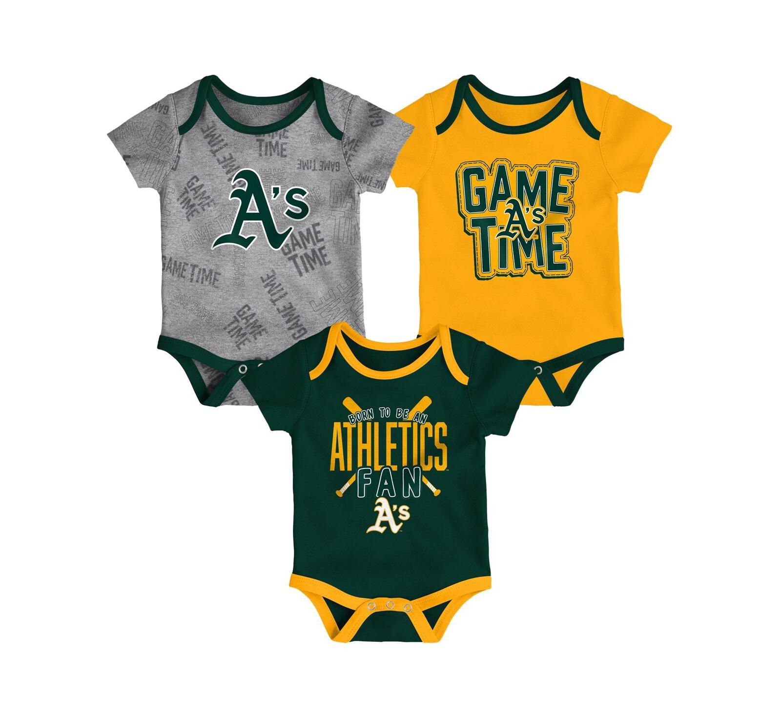 Newborn and Infant Boys and Girls Oakland Athletics Green, Gold, Heathered Gray Game Time Three-Piece Bodysuit Set
