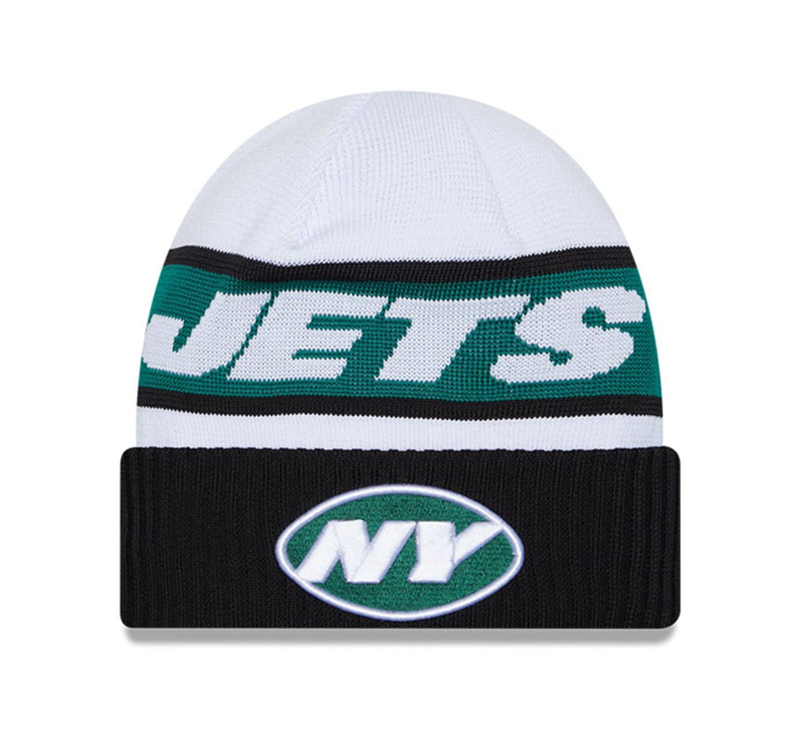 Men's New Era White, Black New York Jets 2023 Sideline Tech Cuffed Knit Hat