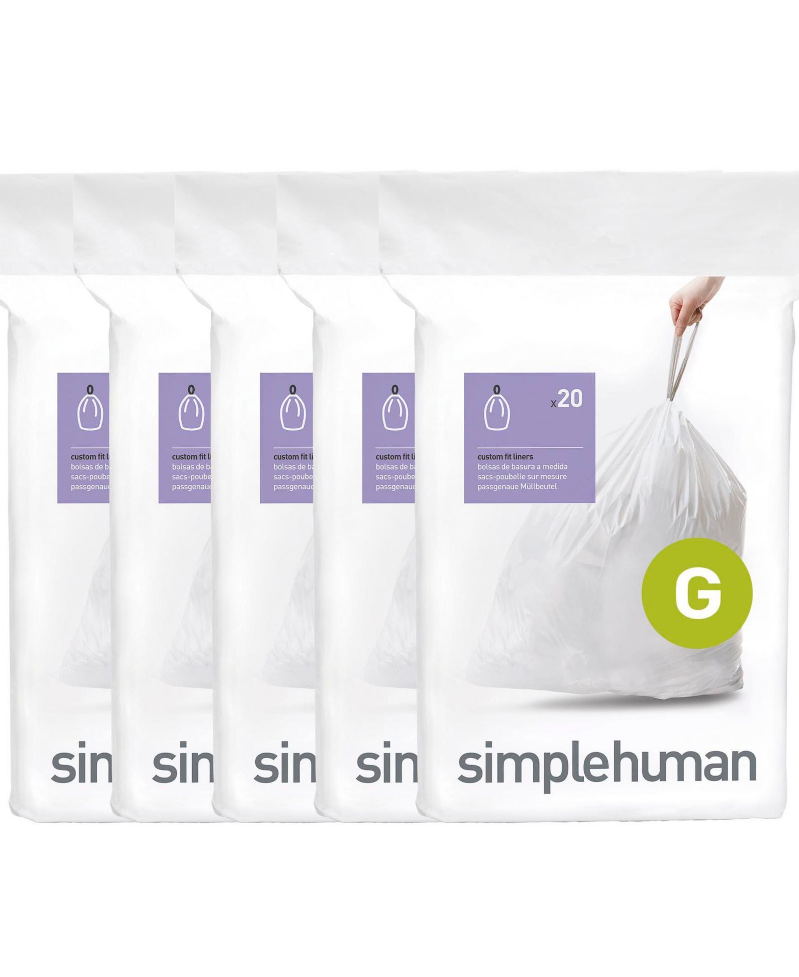 Пакеты для мусорного ведра Simplehuman Code G, 100 шт., индивидуальный размер, 5 упаковок для быстрого использования, 30L