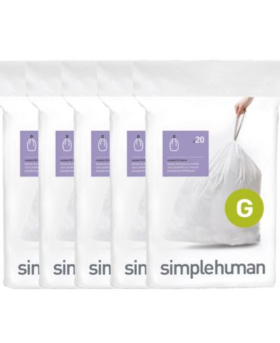 Пакеты для мусорного ведра Simplehuman Code G, 100 шт., индивидуальный размер, 5 упаковок для быстрого использования, 30L