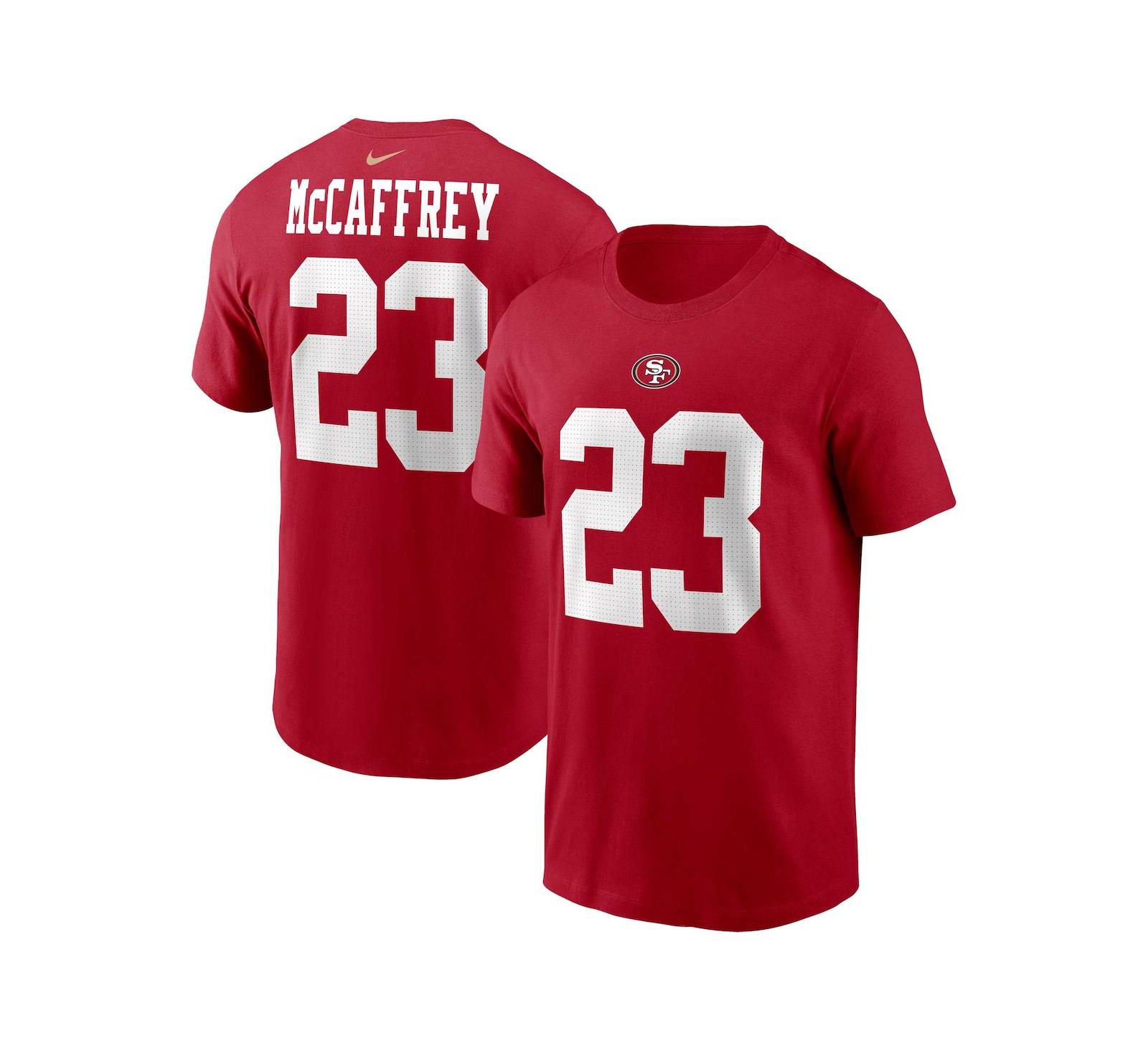 Мужская футболка Nike Christian McCaffrey Scarlet San Francisco 49ers с именем и номером игрока