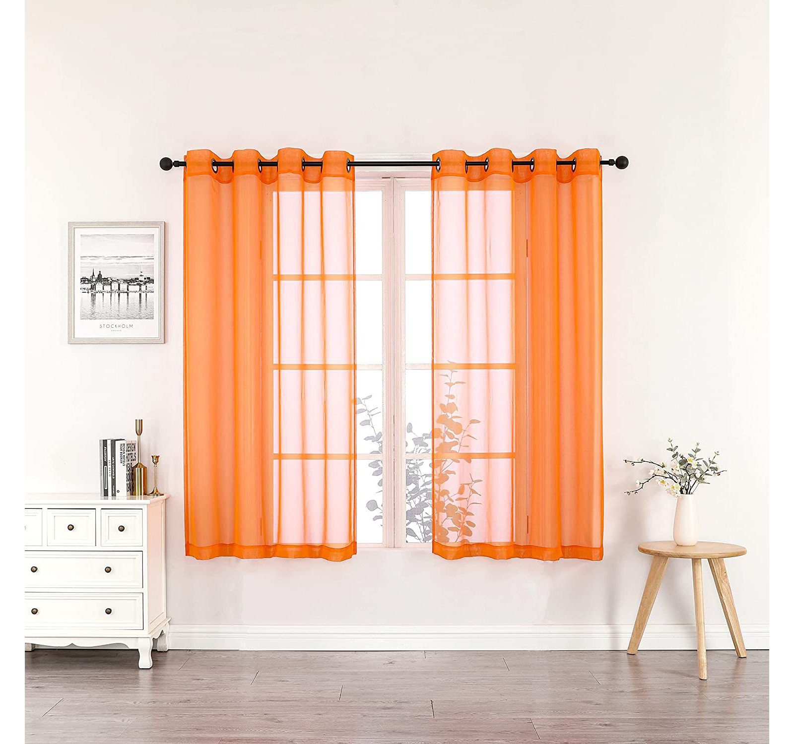 GoodGram Basics Bright Orange 2 Piece Grommet Top Translucent Sheer Voile Window Curtain Panels - 63 in. Long