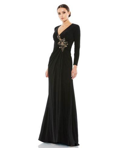 Women's Faux Wrap Long Sleeve Evening Gown with Appliqué Detail