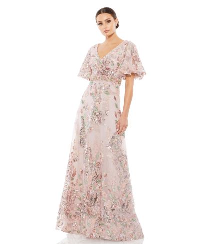 Mac Duggal Женское цветочное платье с отделкой и коротким рукавом