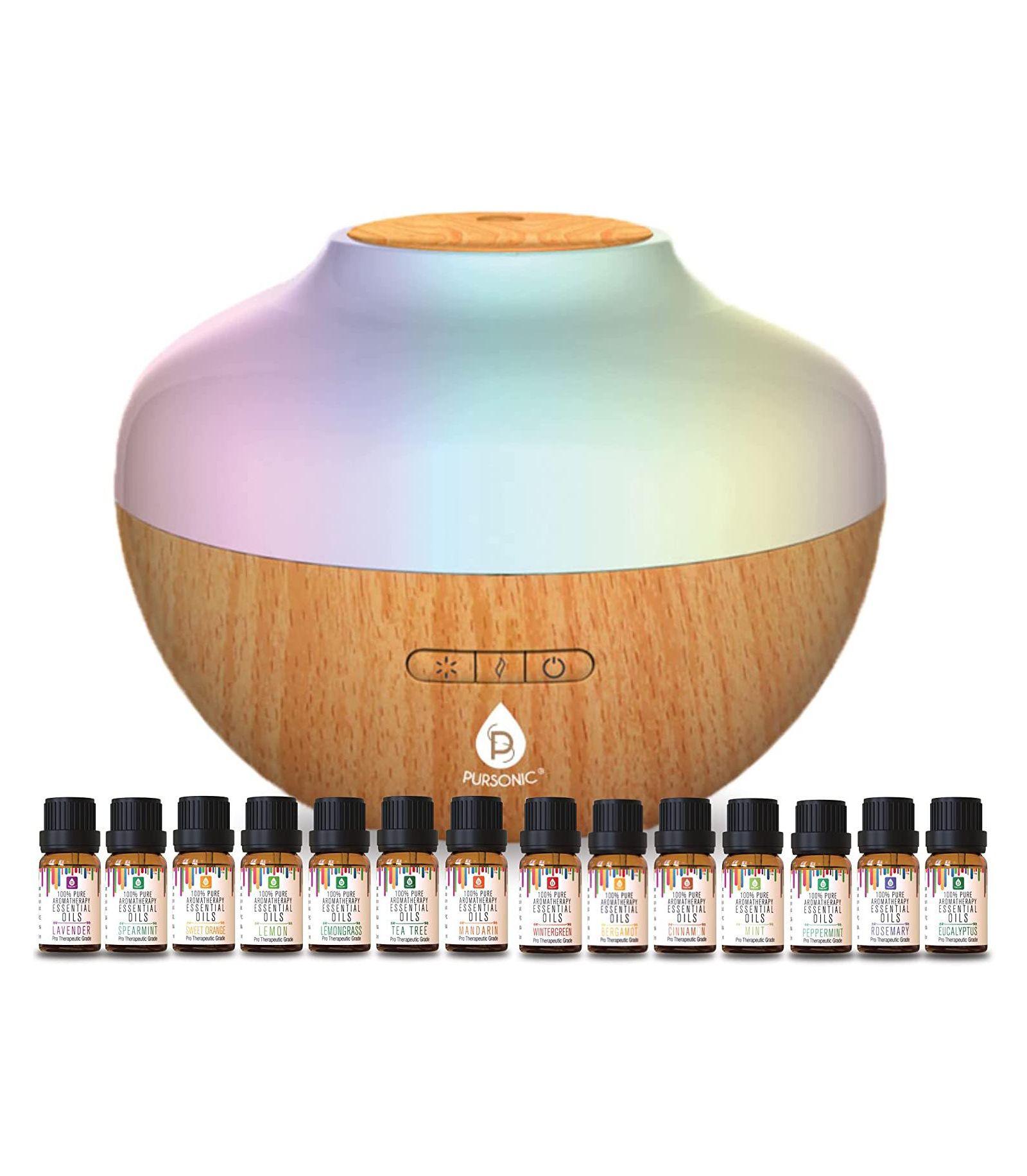 Pursonic Aromatherapy Diffuser & Essential Oil Set: 300ml Ultrasonic, 2 Mist Modes, 7 Lights & 14 Therapeutic Oils