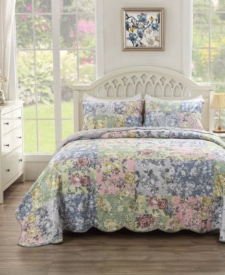 Greenland Home Fashions Emma Traditional Floral Print 3 Piece Quilt Set, Full/Queen