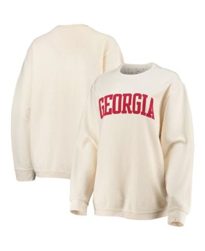 Women's Pressbox White Georgia Bulldogs Comfy Cord Vintage-Like Wash Basic Arch Pullover Sweatshirt