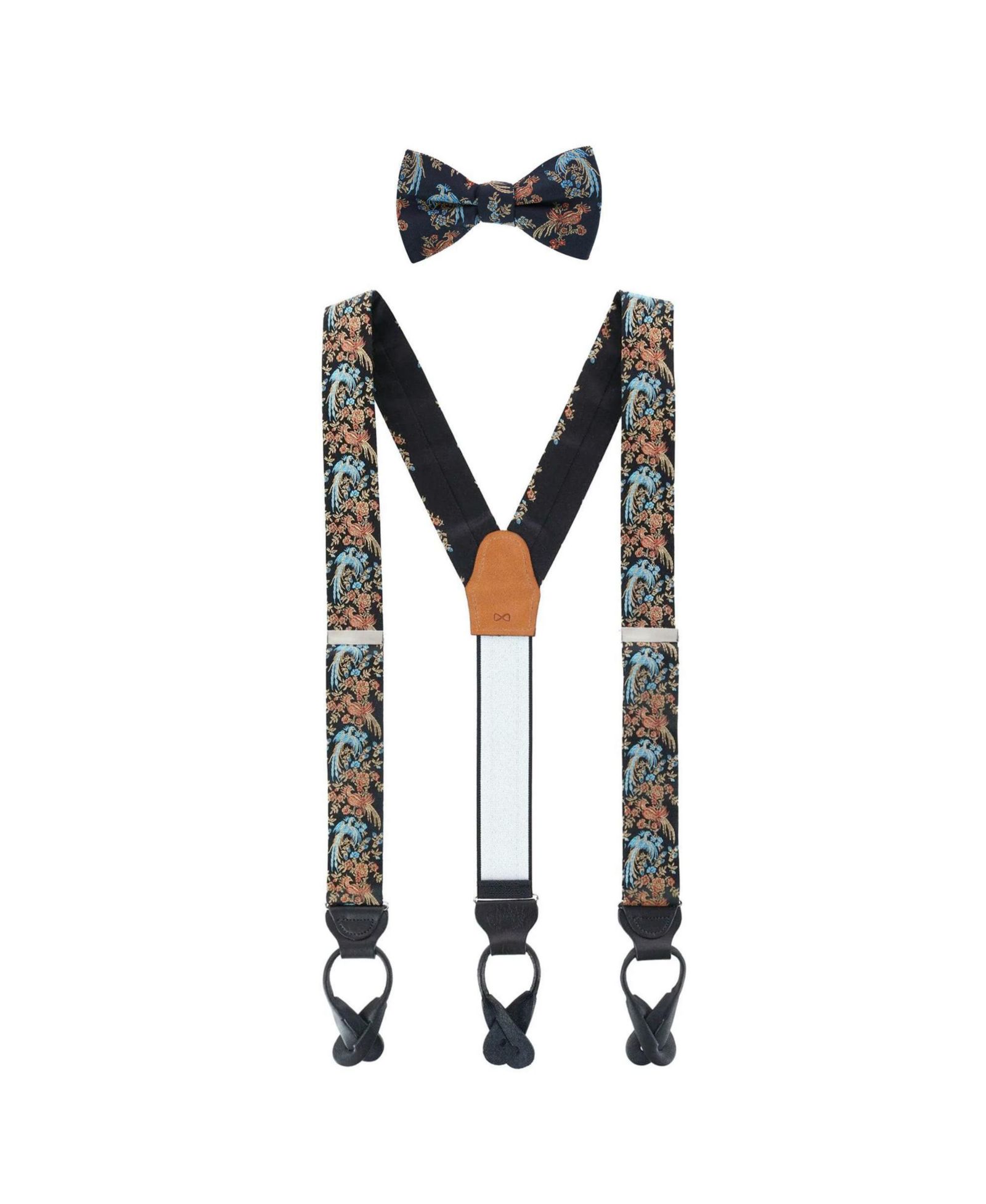 Trafalgar Men's Birds of Prosperity Silk Button End Suspenders and Bow Tie Set