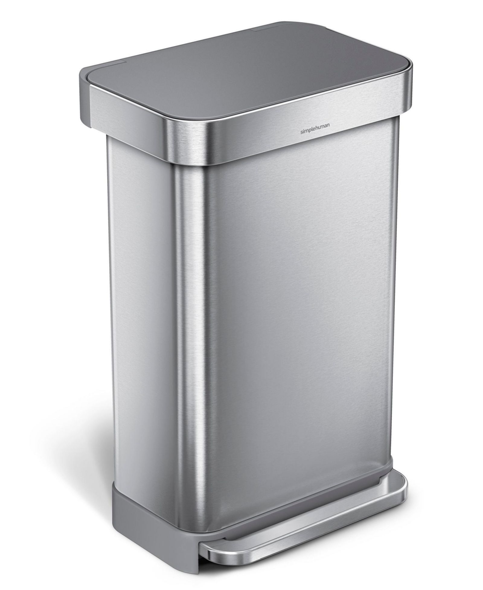 Simplehuman 45 Liter Rectangular Step Kitchen Trash Can with Liner Pocket, Stainless Steel with Gray Plastic Lid