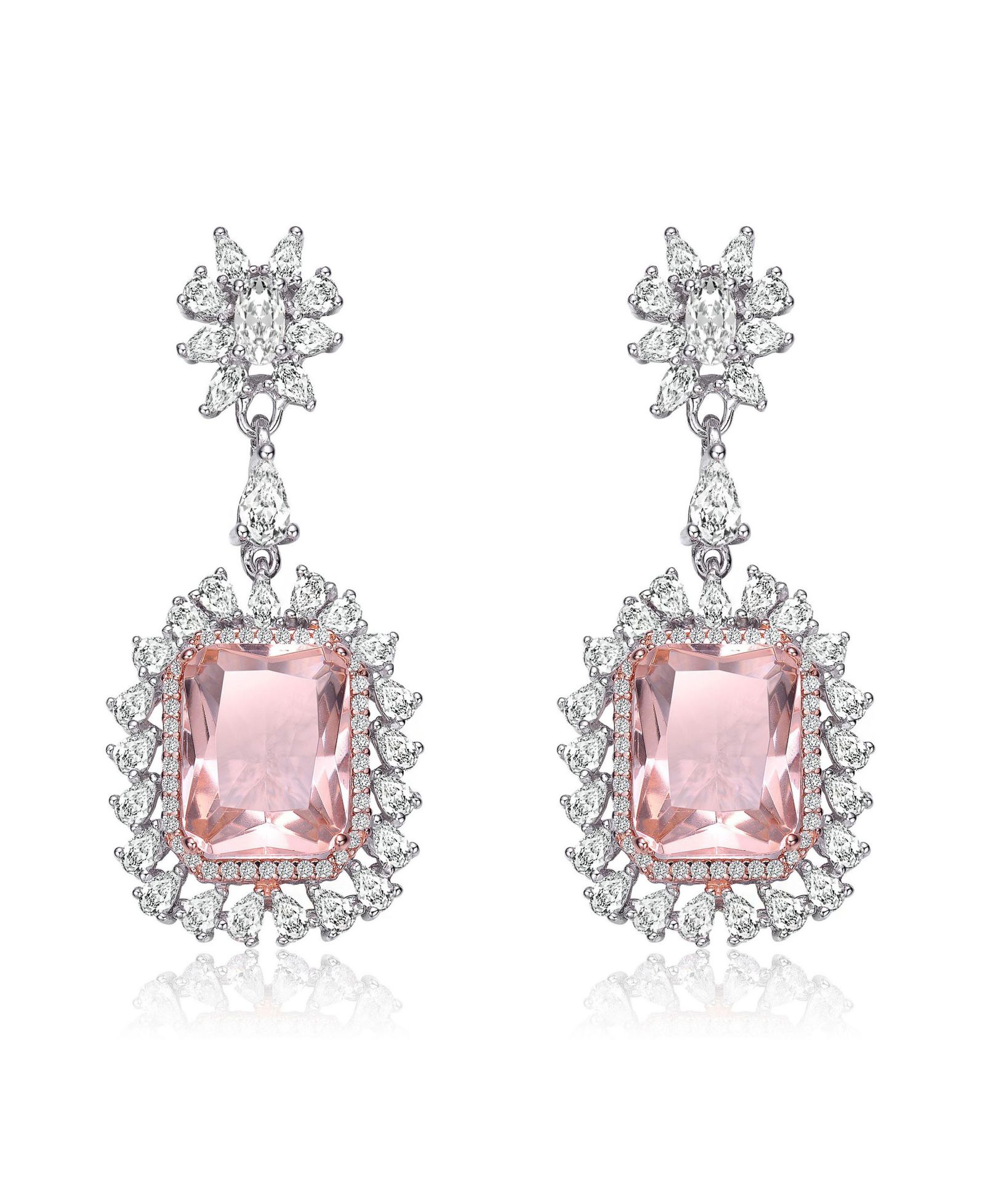 Серьги-подвески Genevive White Gold Plated Pink & Clear CZ Halo