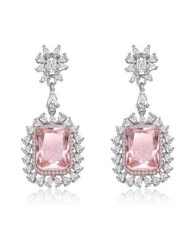 Серьги-подвески Genevive White Gold Plated Pink & Clear CZ Halo