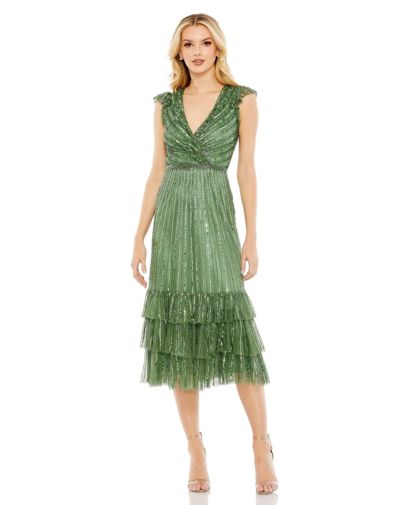 Женское вечернее платье Mac Duggal Sequined Wrap Over Cap Sleeve Ruffle Hem