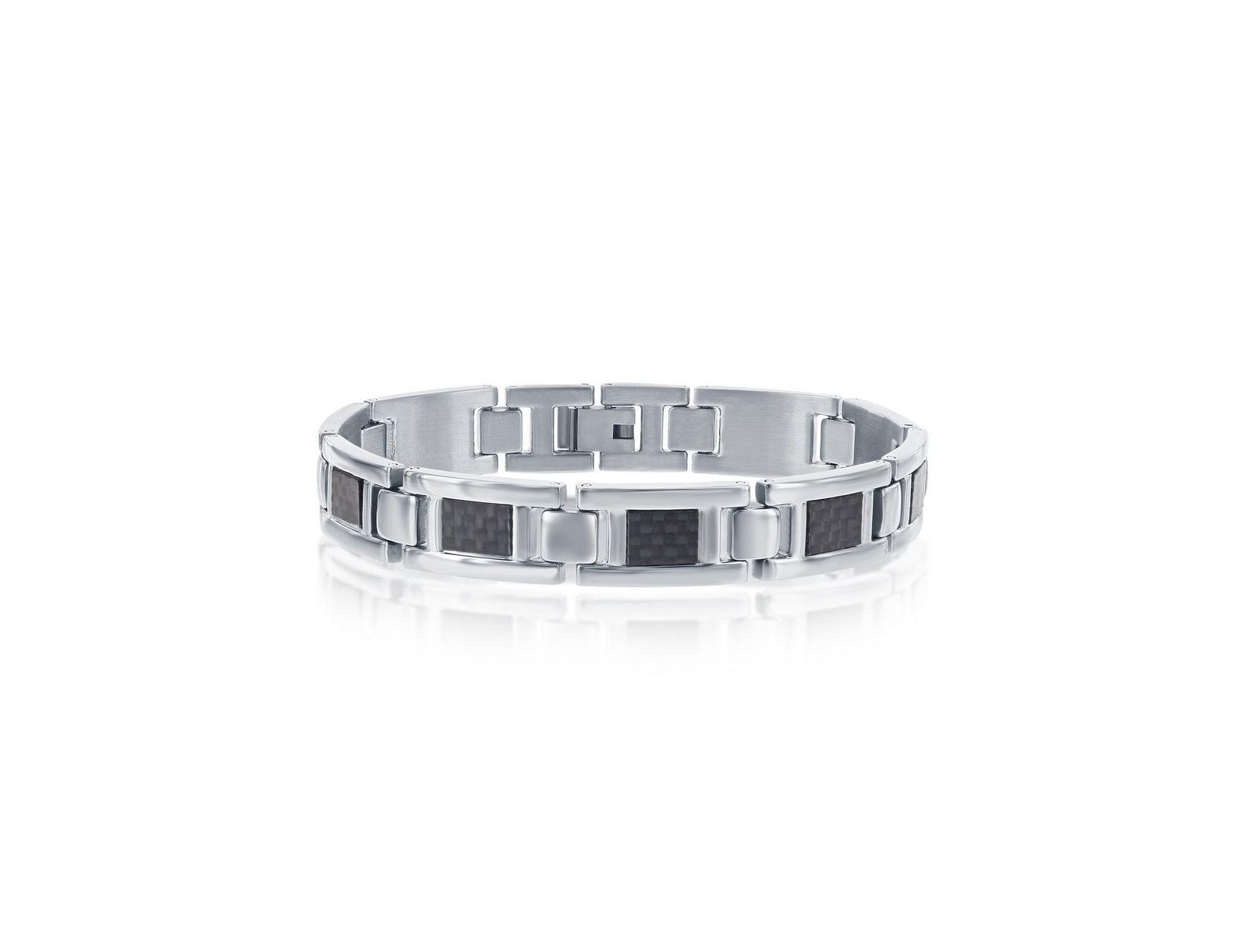 Metallo Mens Stainless Steel Black Carbon Fiber Link Bracelet