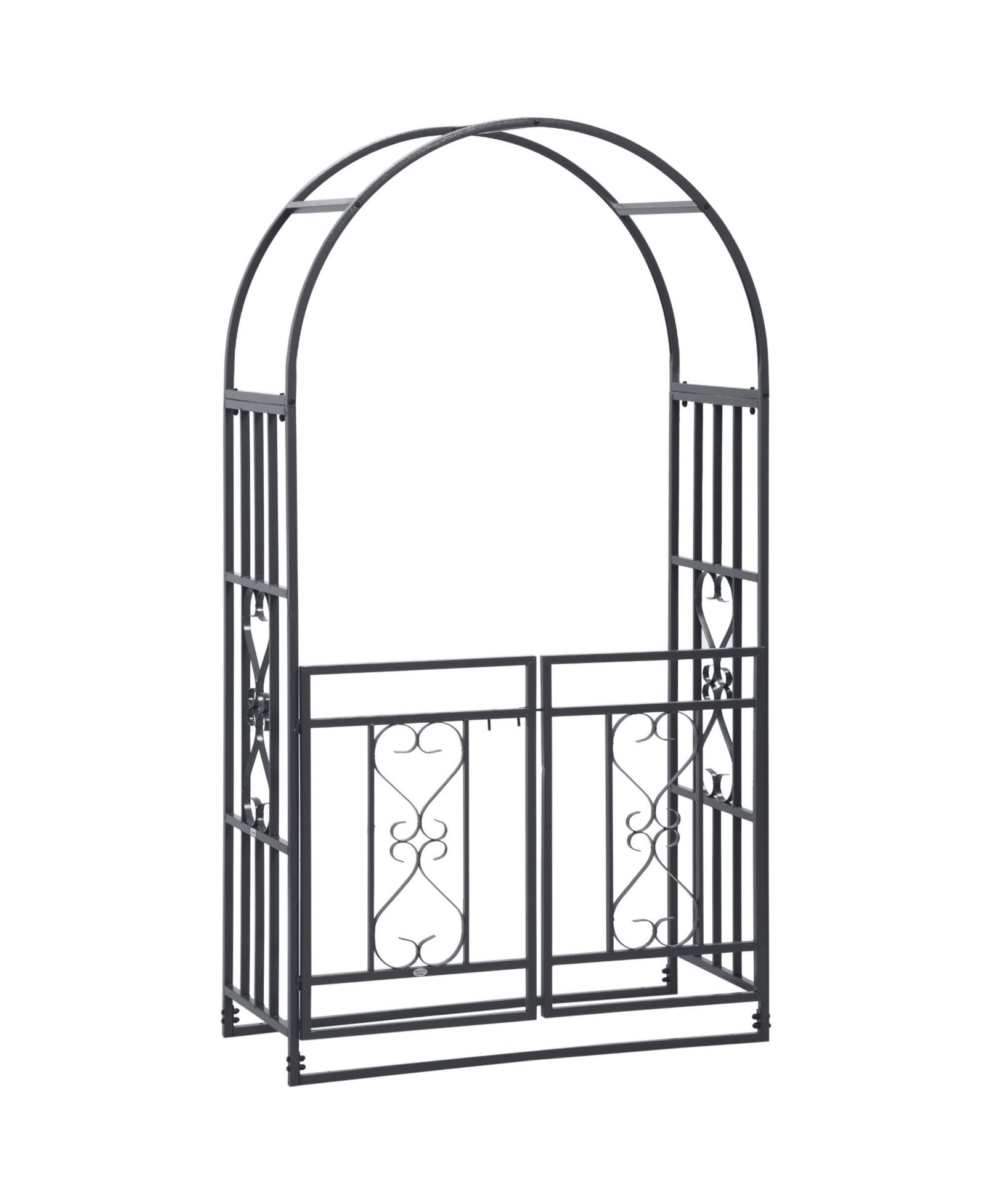 Outsunny 81" Metal Garden Arbor with Double Doors, Locking Gate, Climbing Vine Frame with Heart Motifs, Arch for Wedding, Bridal Party Decoration, Grey