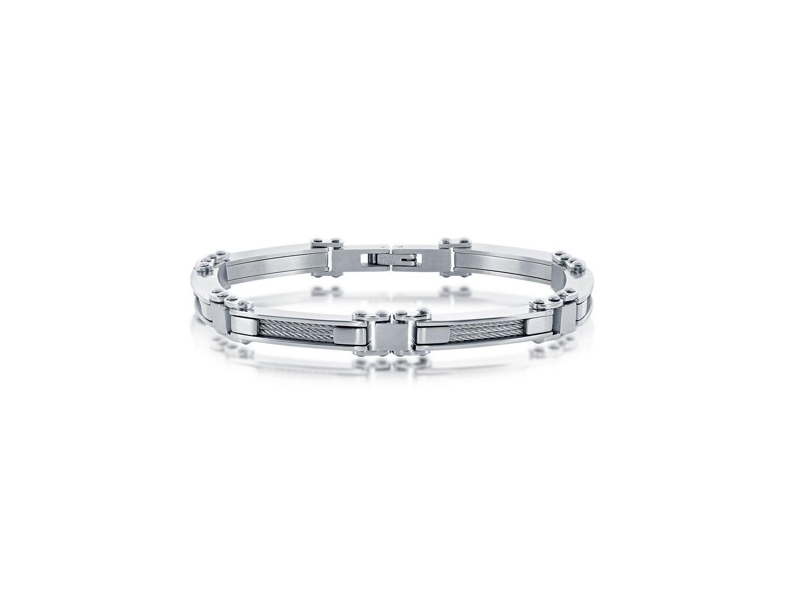 Metallo Mens Stainless Steel with Silver Cable Bracelet
