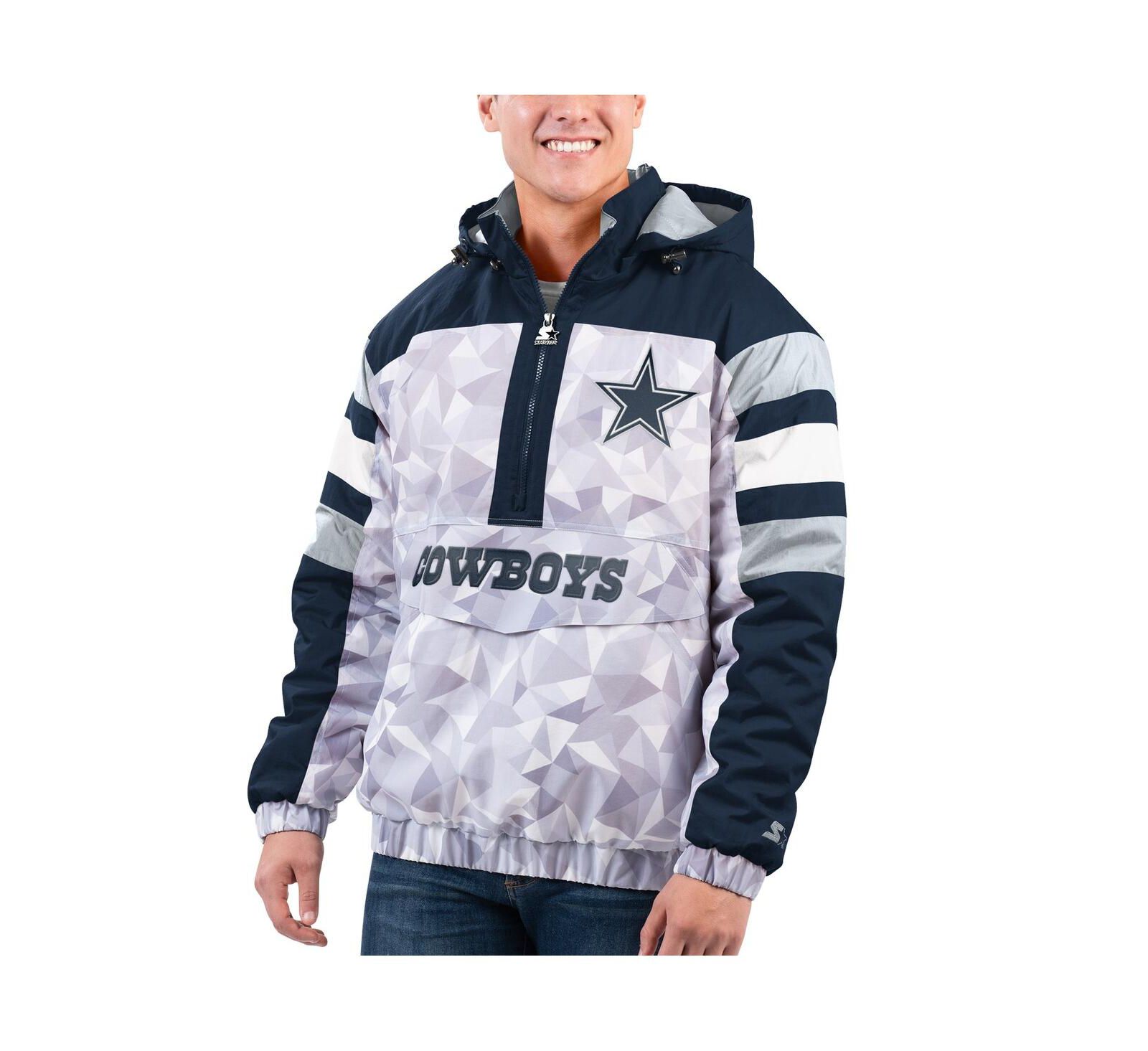Men's Starter White, Navy Dallas Cowboys Thursday Night Gridiron Raglan Half-Zip Hooded Jacket