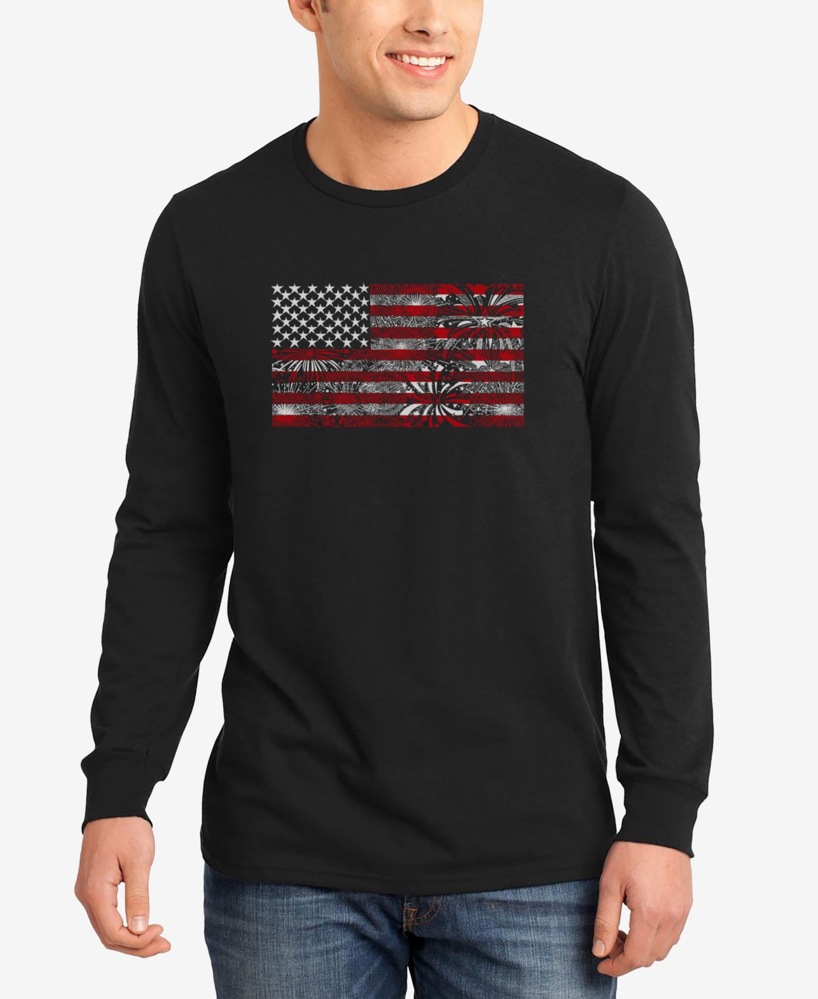 Мужская футболка с длинным рукавом LA Pop Art Word Art American Flag Fireworks