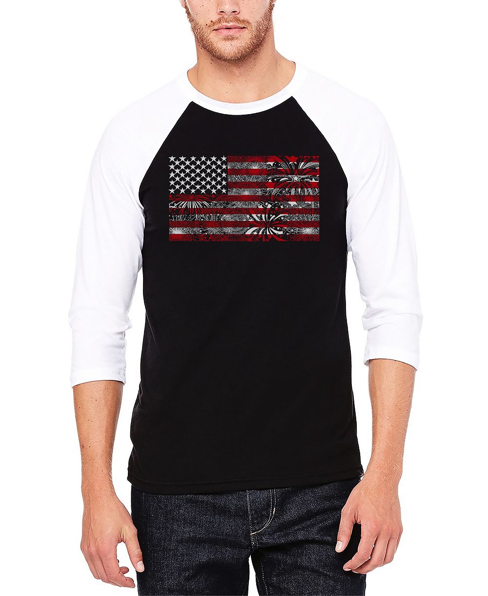 LA Pop Art Men's Raglan Baseball Word Art Fireworks American Flag T-shirt