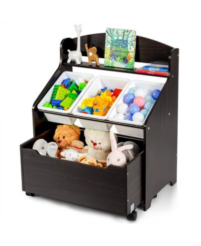 Costway Kids Wooden Toy Storage Unit Organizer w/Rolling Toy Box & Plastic Bins
