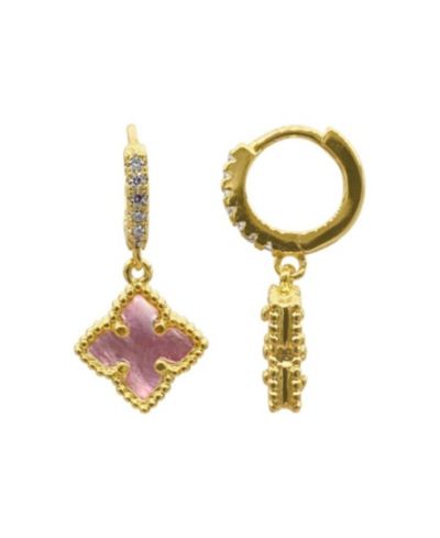 ADORNIA 14K Gold Plated Floral Dangle Hoops Pink Imitation Mother of Pearl Earrings