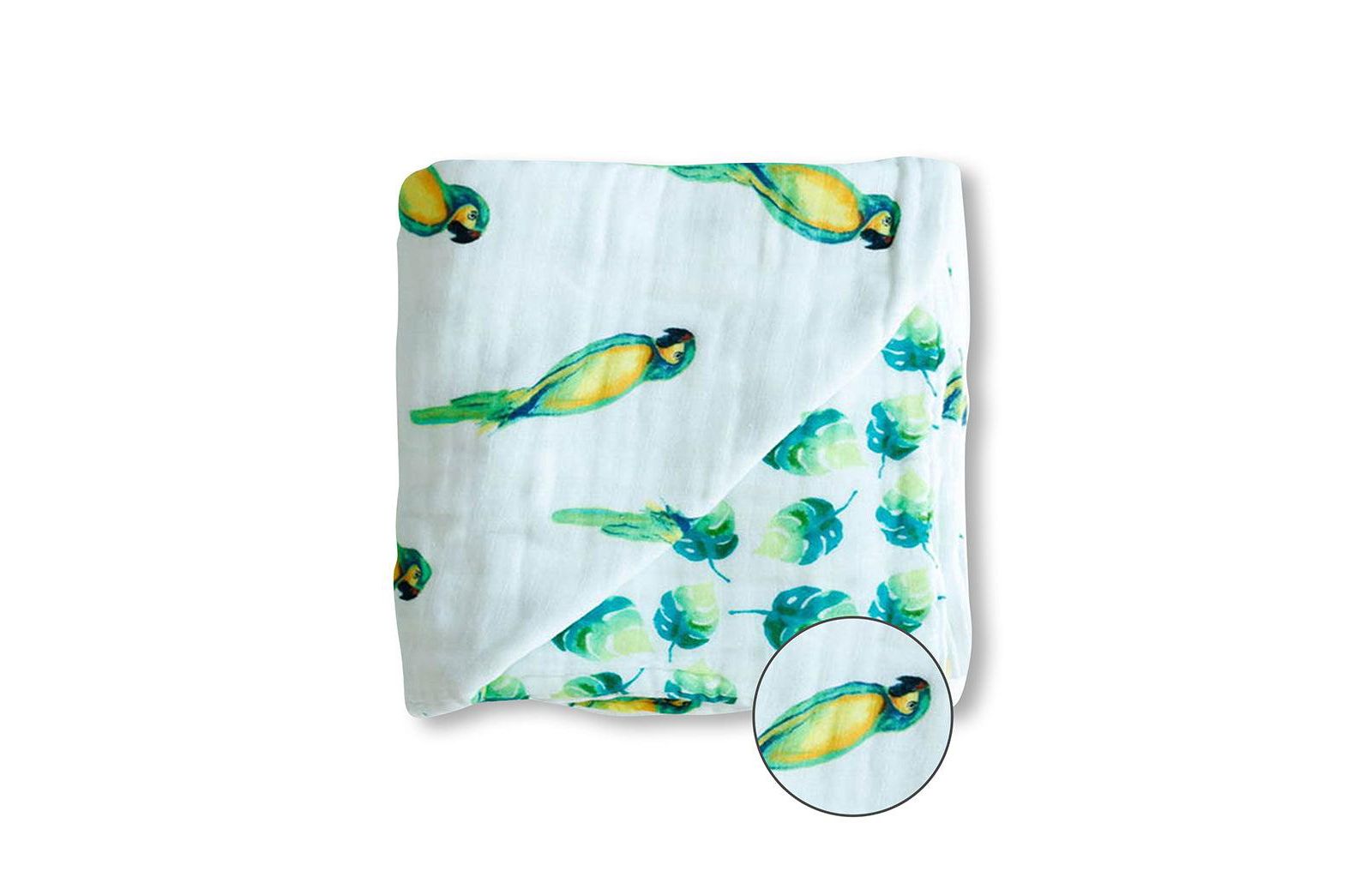 Certified Organic Muslin Four-Layer Reversible All Season Snug Blanket, Parrot