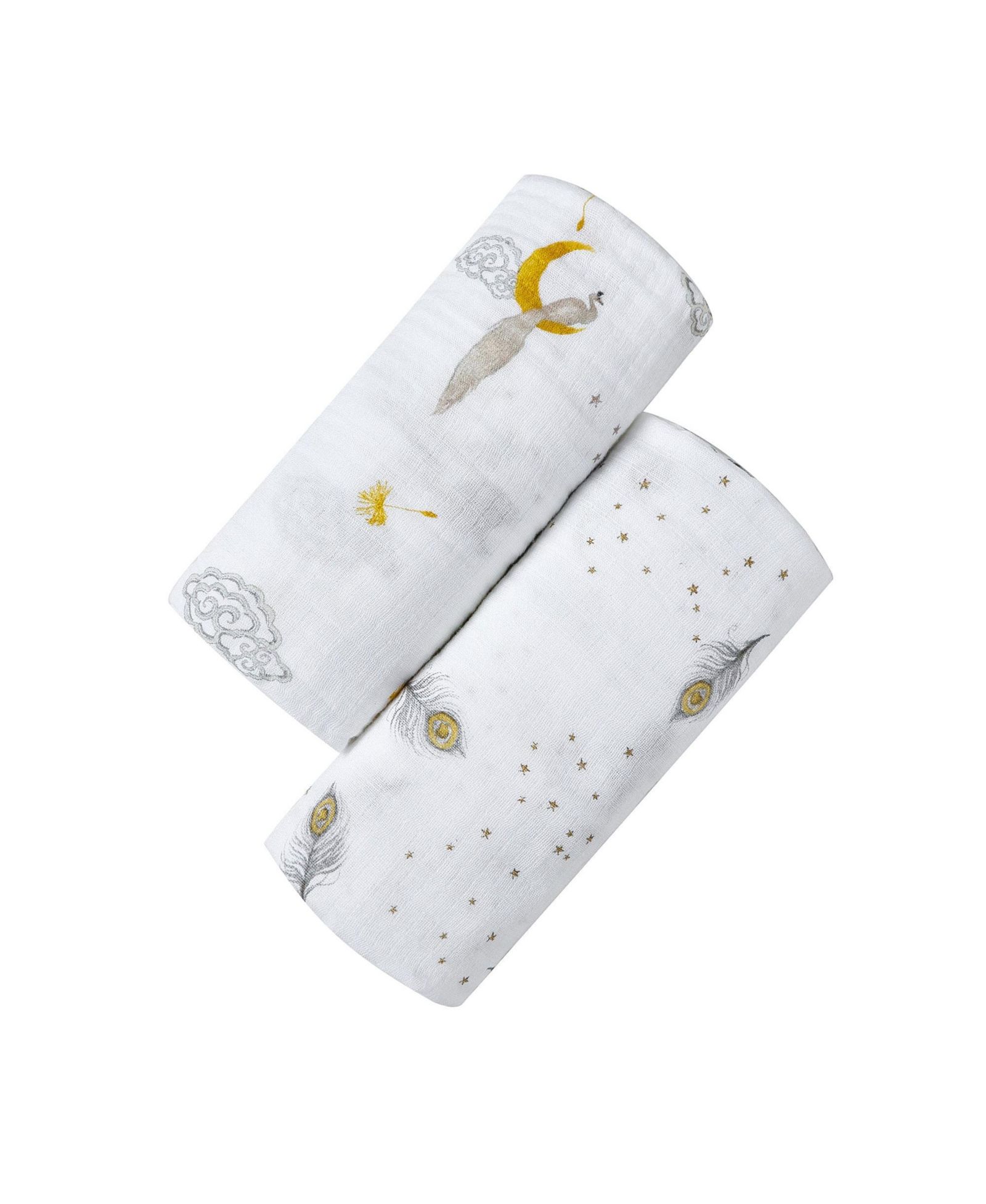 GOTS Certified Organic Muslin Swaddle - Two-Pack Gift Set, Sweet Dreams (Magical Feathers + Enchanted Peacock)