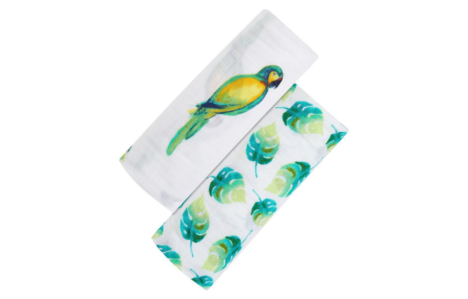 GOTS Certified Organic Muslin Swaddle - Two-Pack Gift Set, Tropical Paradise (Parrot + Leaf)
