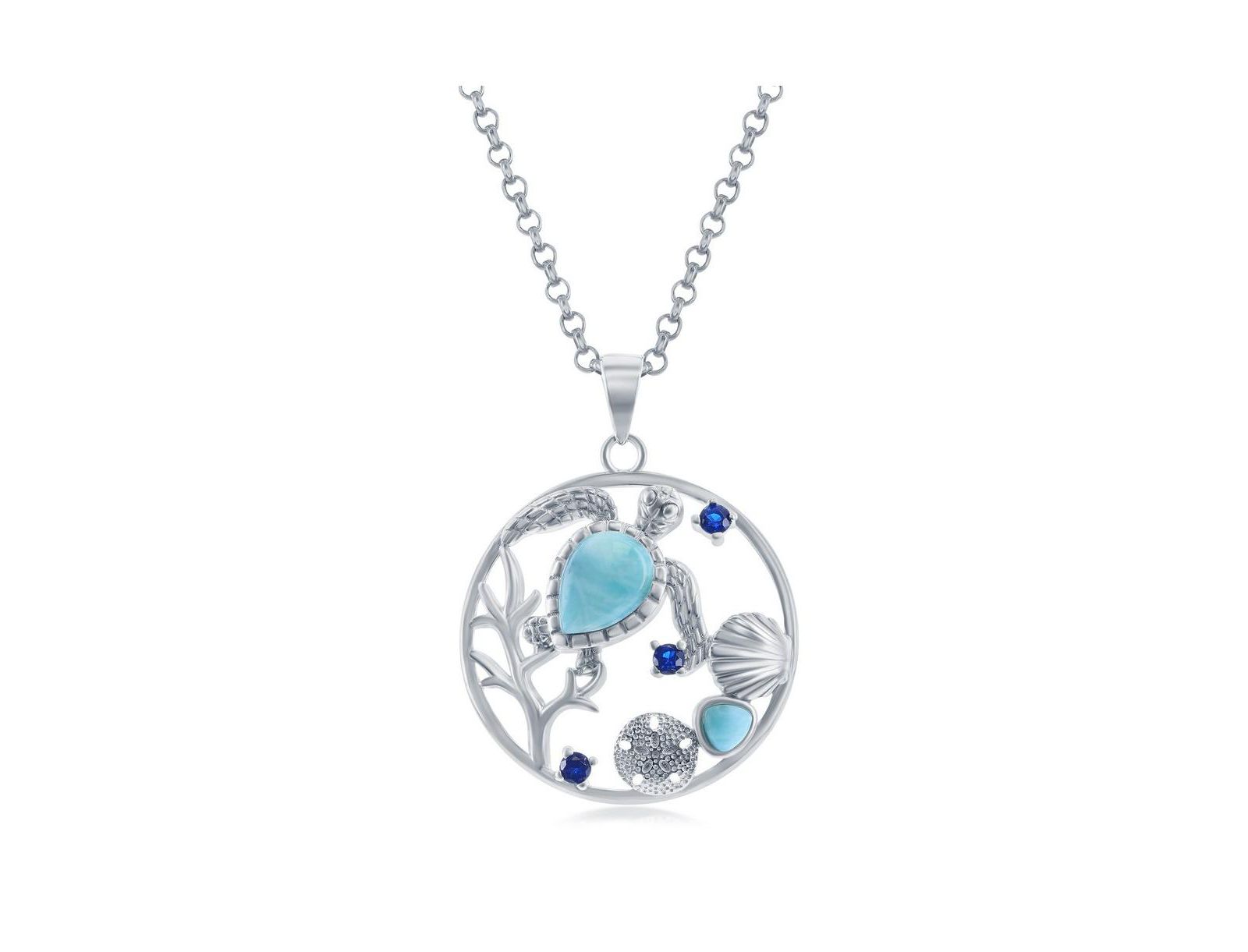 Sterling Silver Turtle, Seashell, Sand Dollar Larimar & CZ Round Necklace