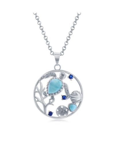 Sterling Silver Turtle, Seashell, Sand Dollar Larimar & CZ Round Necklace