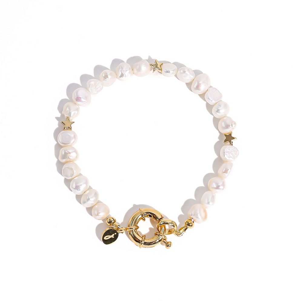 18K Gold Plated Freshwater Pearl with Star and Pearl Twinkie - Twinkie Bracelet 8" For Women and Girls