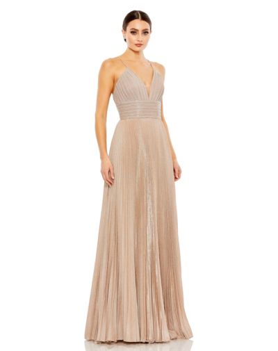 Mac Duggal Women's Ieena Shimmer Pleated V-Neck Open Back Gown