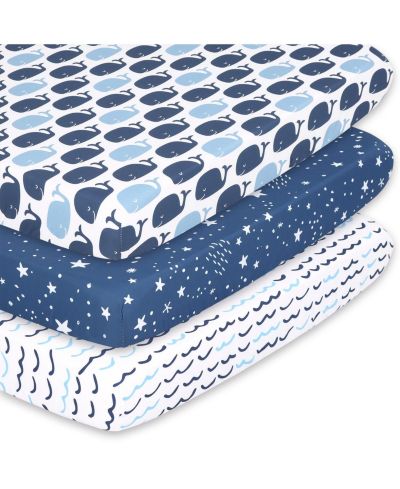 The Peanutshell Pack n Play, Mini Crib, Portable Crib or Fitted Playard Sheets for Baby Boy, 3 Pack Set, Navy, White and Blue Nautical Print
