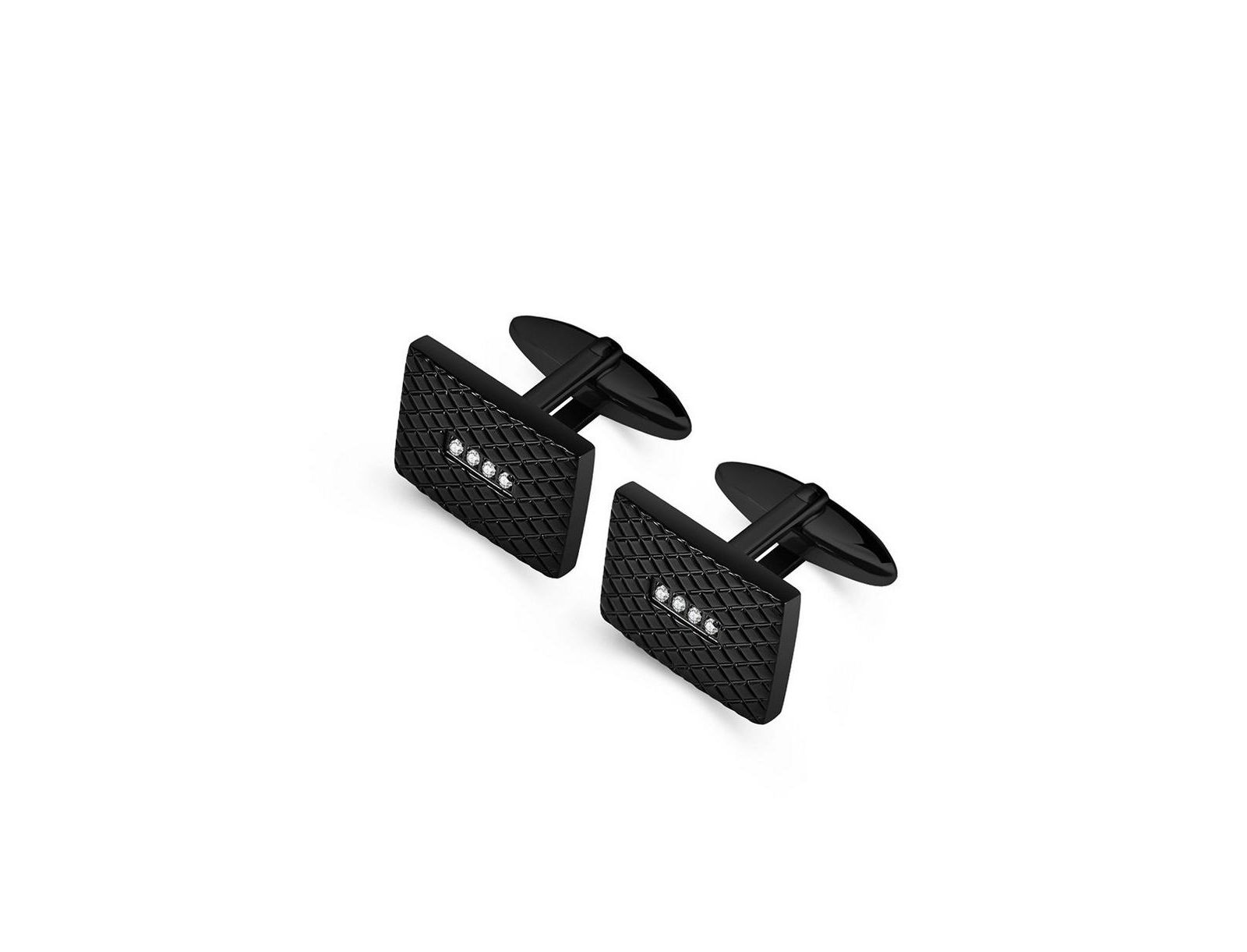 Stainless Steel Rectangle Checkered Design w/ CZ Cuff Links - Black Plated
