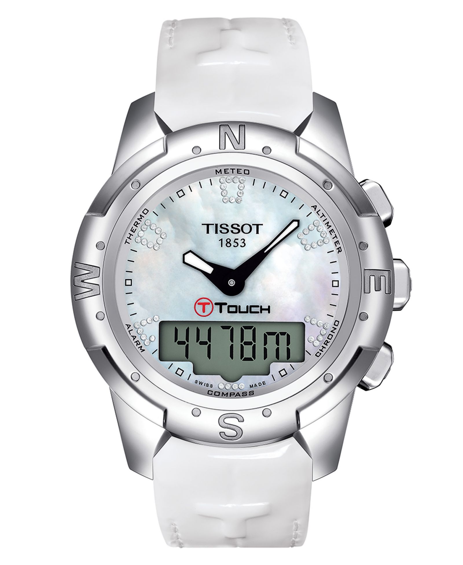 Женские часы Tissot Digital T-Touch II Titanium Lady Diamond (1/2 ct. t.w.) с белым кожаным ремешком 43mm