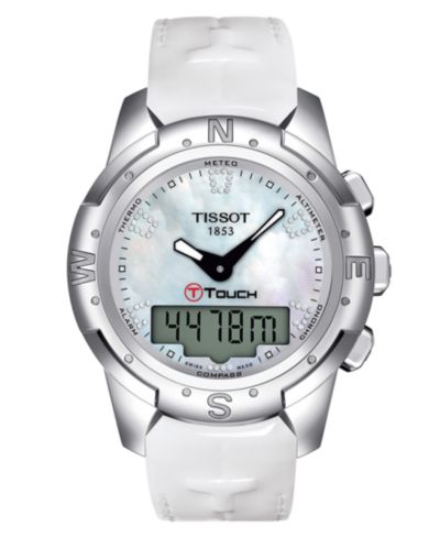 Женские часы Tissot Digital T-Touch II Titanium Lady Diamond (1/2 ct. t.w.) с белым кожаным ремешком 43mm