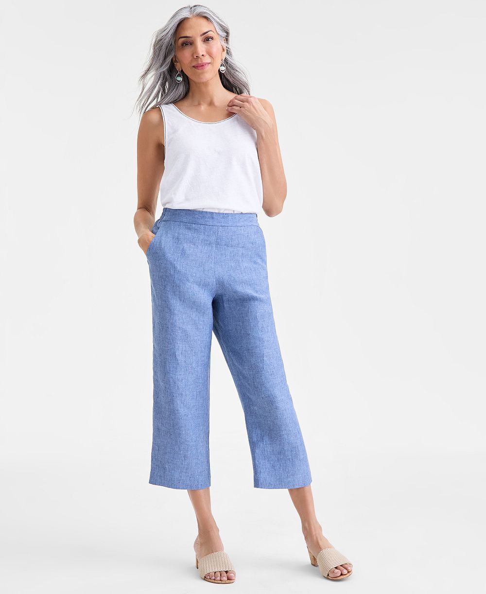 Charter Club Women's 100% Linen Solid Cropped Pull-On Pants, Created for Macy's