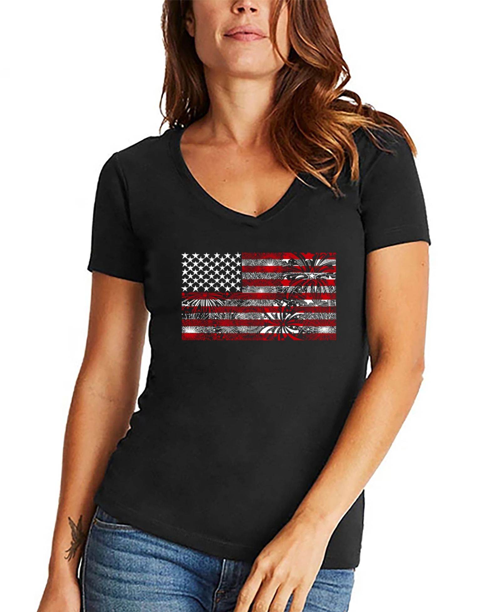 Женская футболка LA Pop Art Fireworks American Flag V-neck