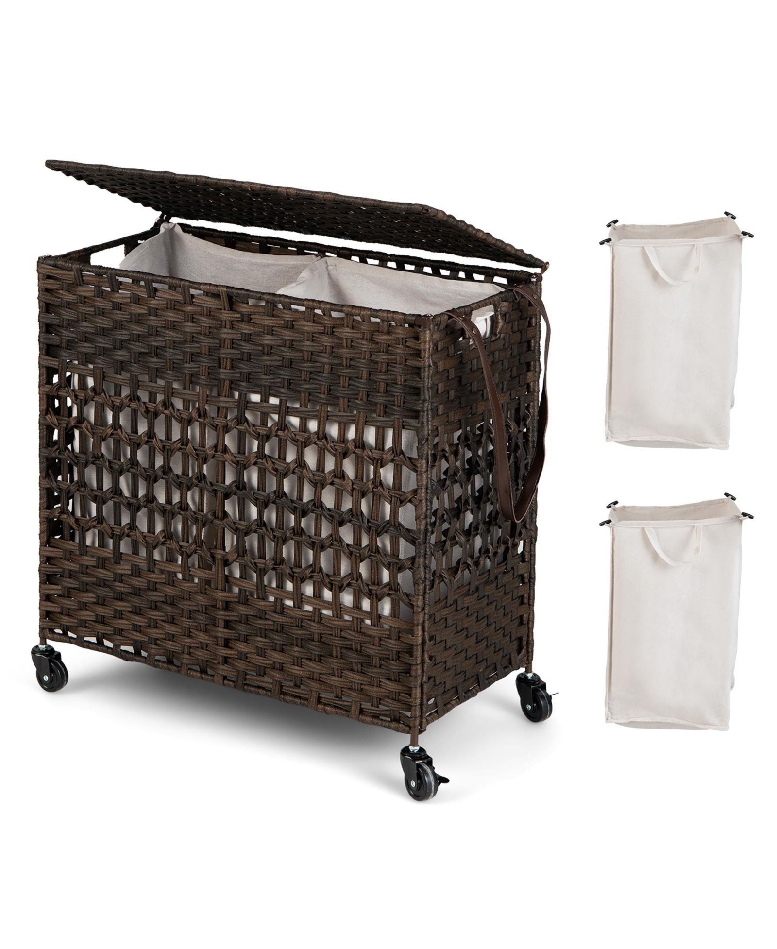 110L Laundry Hamper with Wheels Clothes Basket Lid Handle 2 Liner Bags